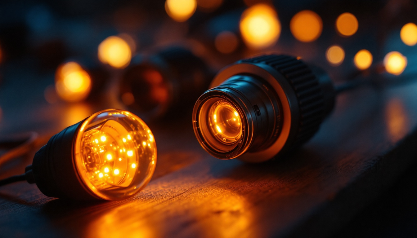 A photograph of a close-up shot of various amber led lights in different settings