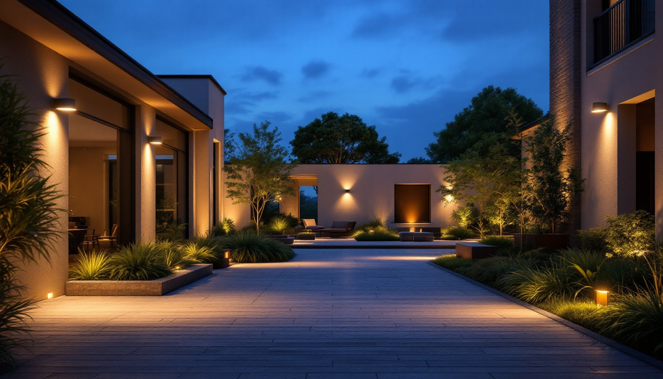 A photograph of a beautifully illuminated outdoor space featuring strategically placed led flood lights