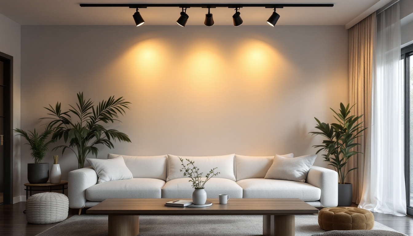 A photograph of a stylish modern interior featuring track lighting that highlights key design elements