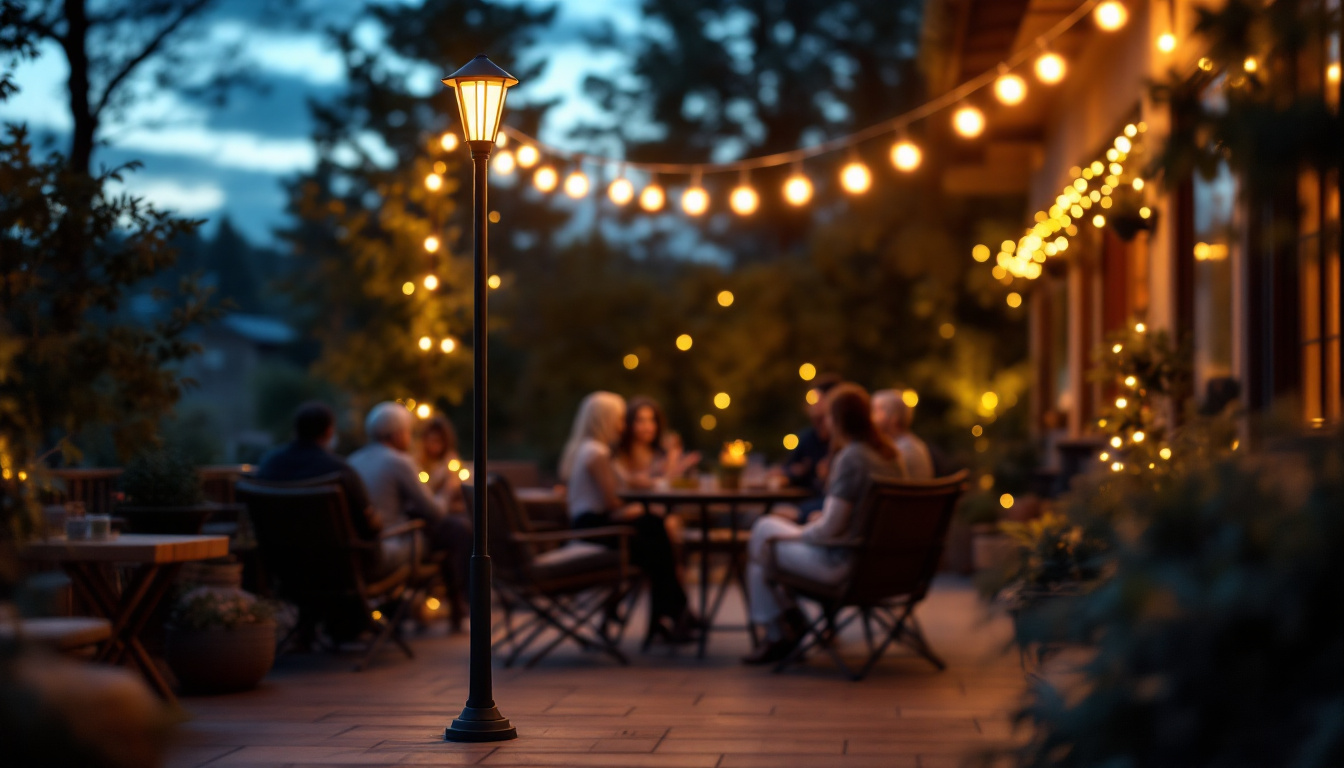 A photograph of a beautifully illuminated patio light pole in a cozy outdoor setting
