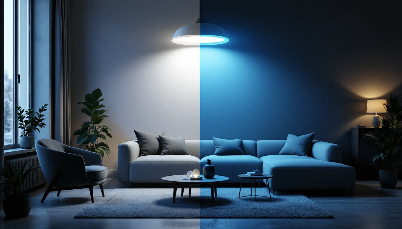 A photograph of a modern interior space showcasing a striking contrast between a hid lamp and led lighting
