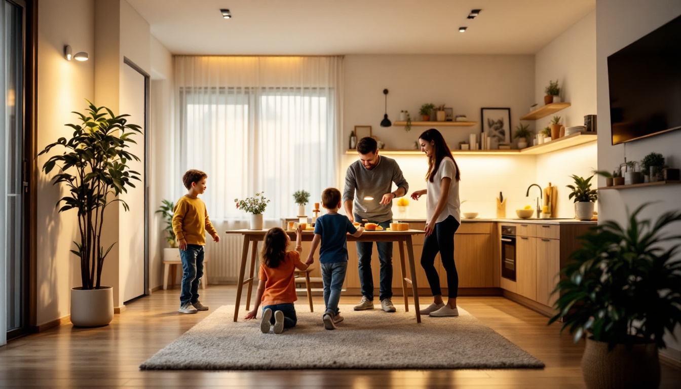 A photograph of a modern indoor setting featuring motion sensors activating lights