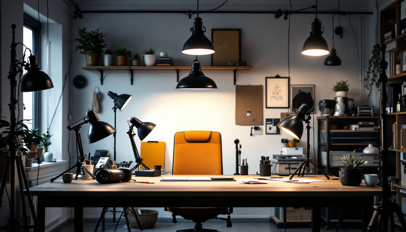 A photograph of capture a photograph of a well-lit workspace featuring various types of shop lights in use