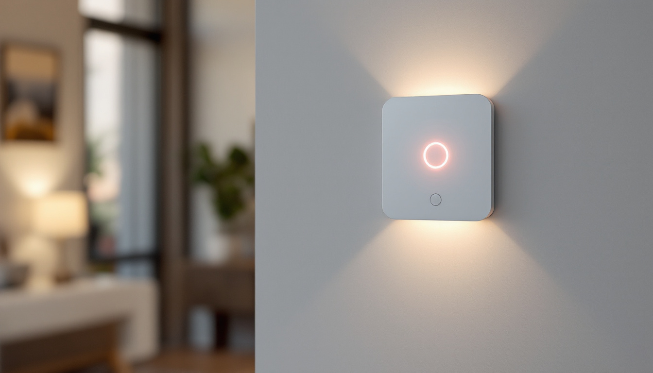 A photograph of a modern motion sensor switch installed in a well-lit