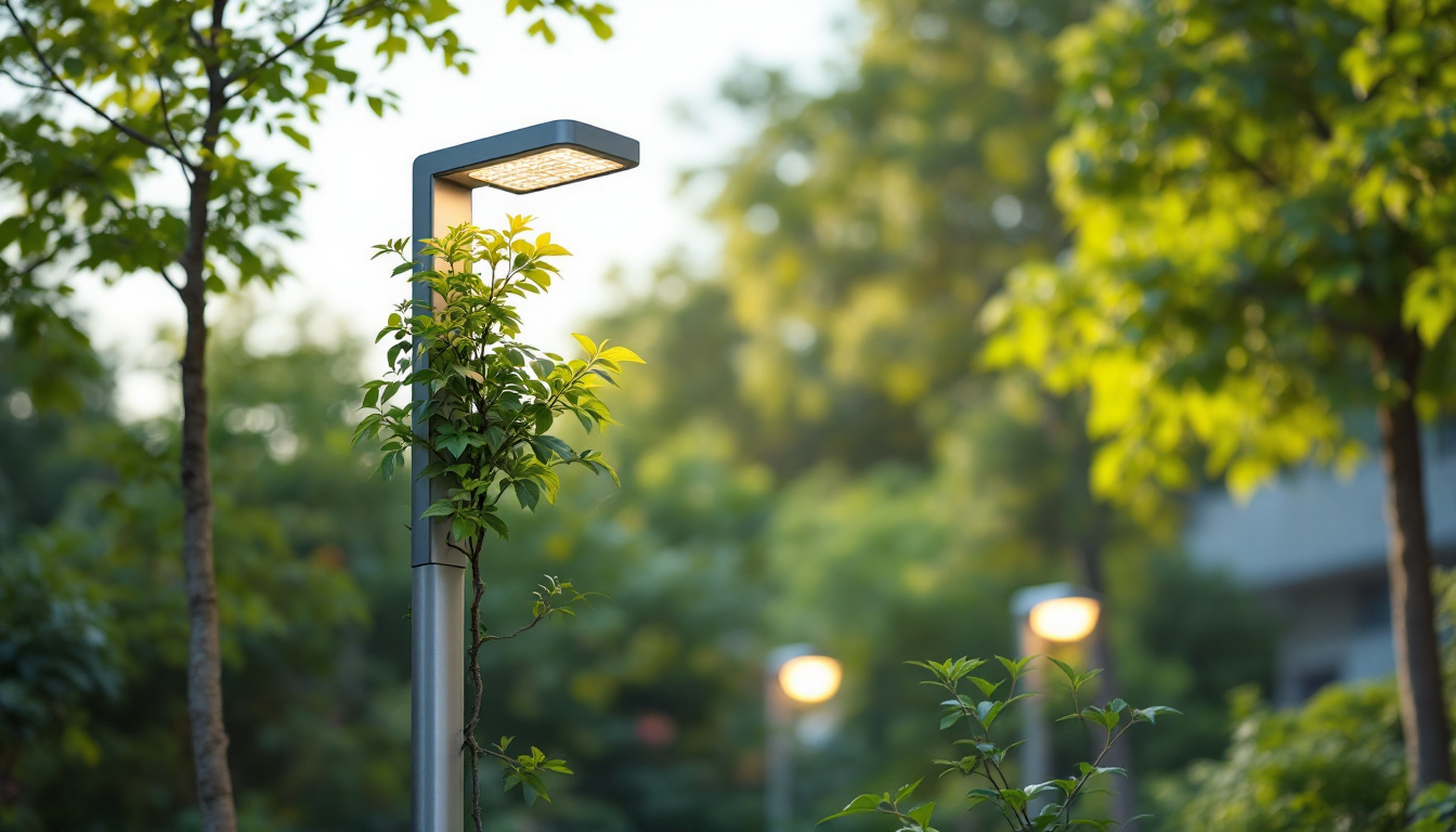A photograph of a modern lamp pole light in an urban setting