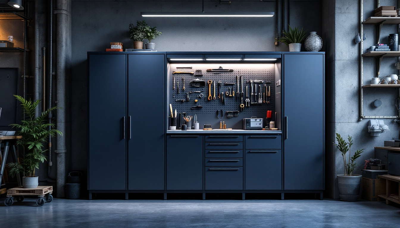 A photograph of a modern industrial workspace featuring a sleek cabinet with integrated led lights