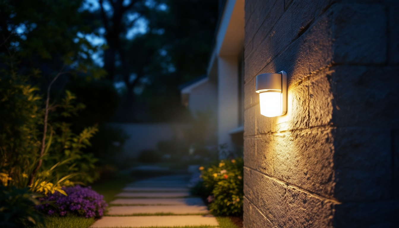 A photograph of a well-lit outdoor setting featuring a motion sensor security light in action