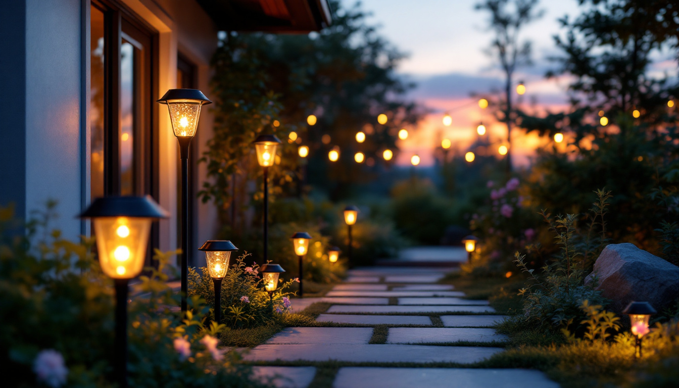 A photograph of a beautifully lit outdoor space showcasing a variety of solar lights in use