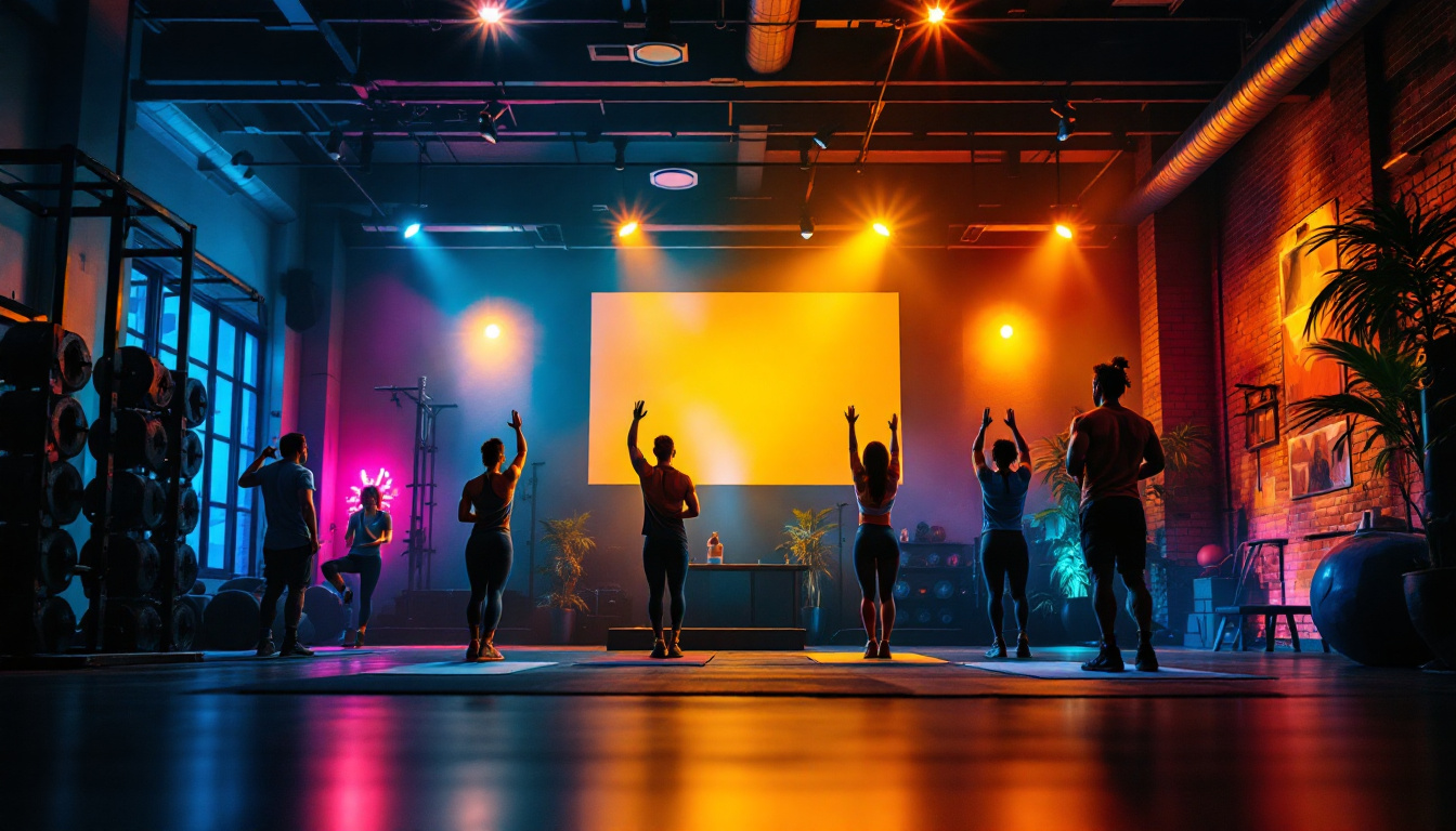 A photograph of a vibrant gym environment showcasing various lighting setups