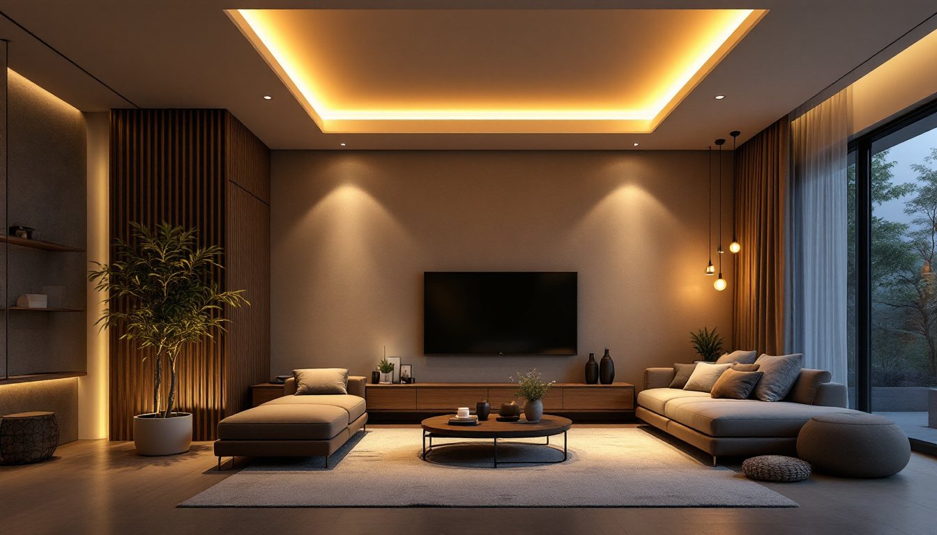 A photograph of a modern living space featuring sleek recessed ceiling lights that highlight the room's design