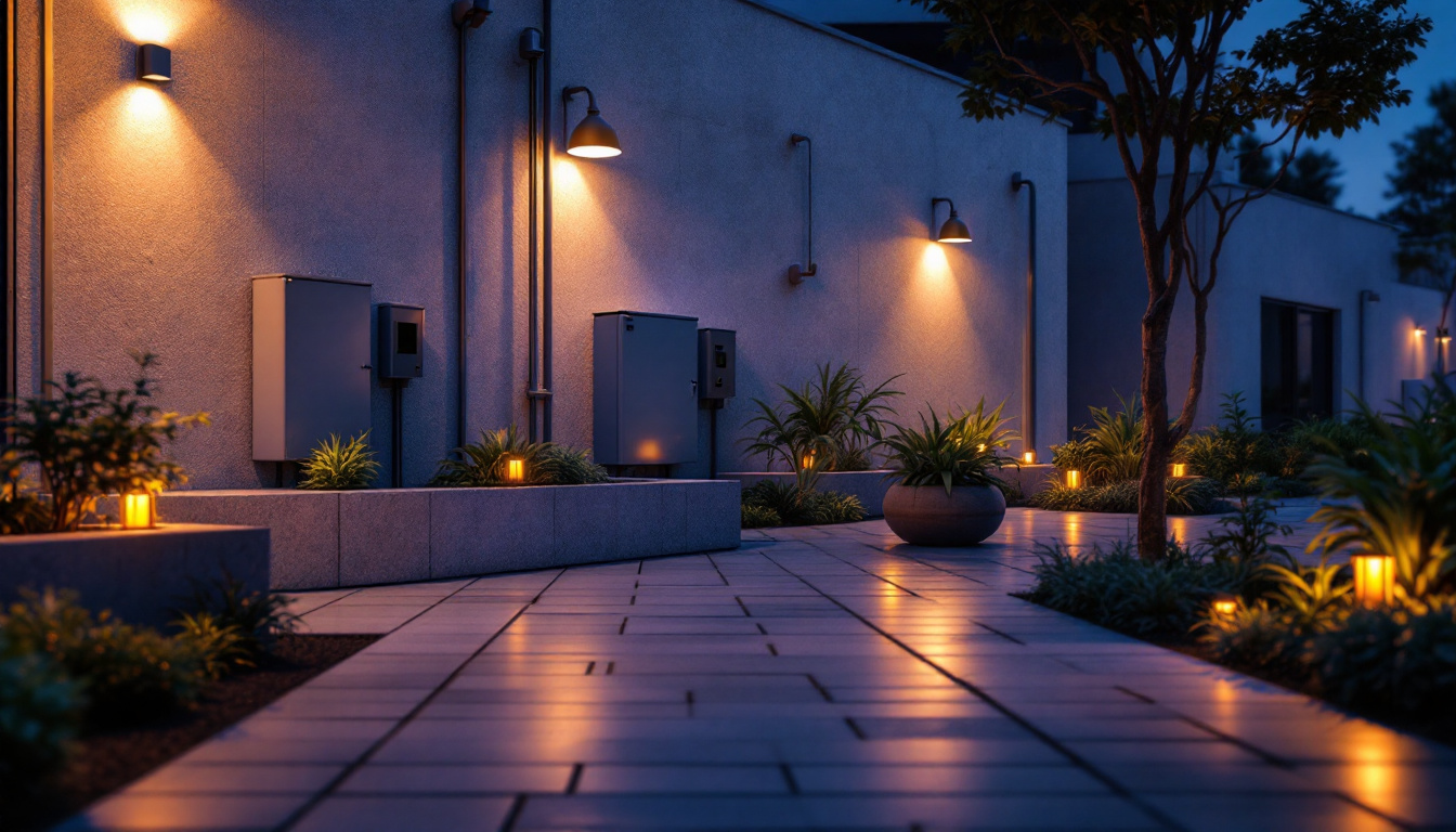 A photograph of a well-lit outdoor space featuring various types of electrical boxes integrated into the landscape