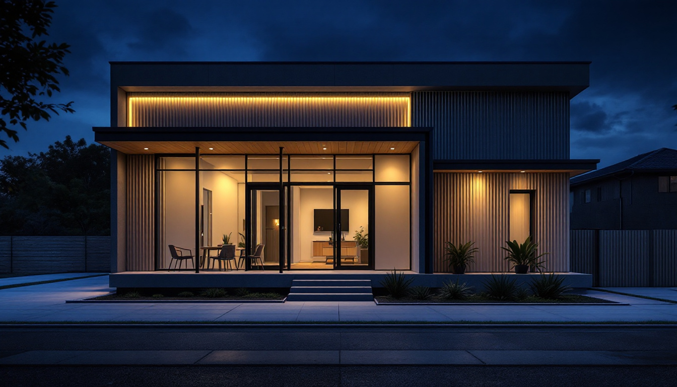 A photograph of a modern industrial or commercial space showcasing creative and efficient exterior house lighting solutions