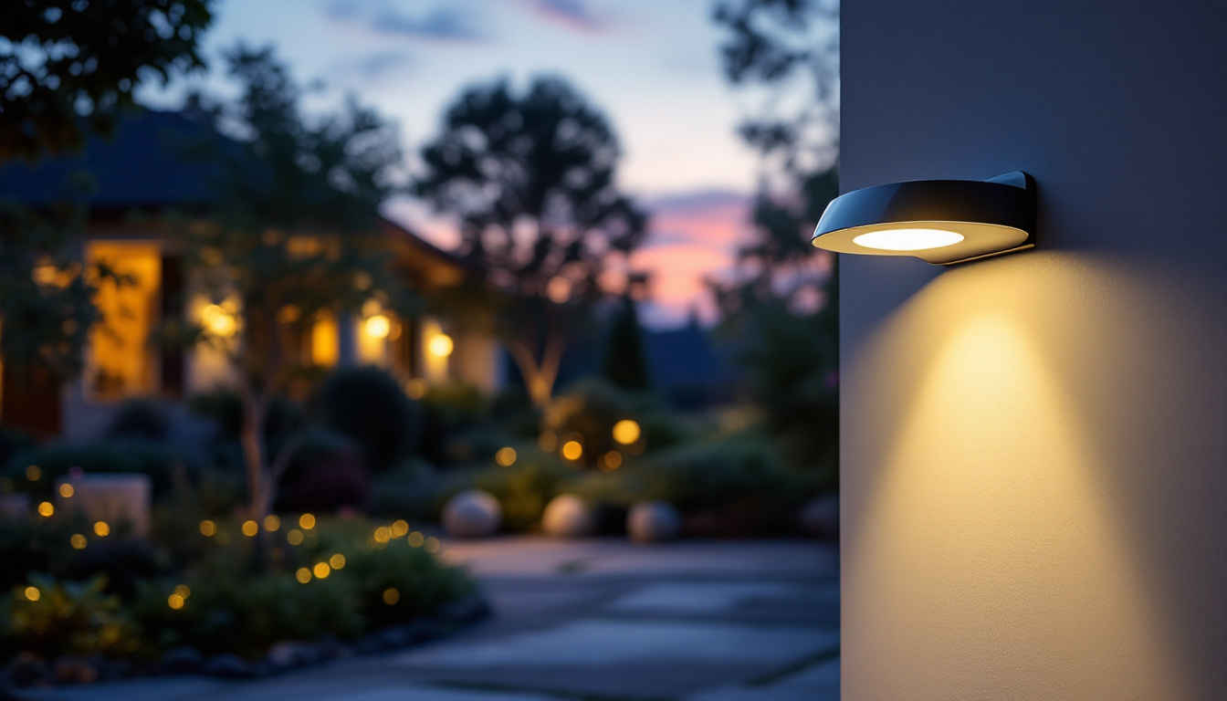 A photograph of a beautifully designed outdoor garage lamp illuminating a driveway or garden at dusk