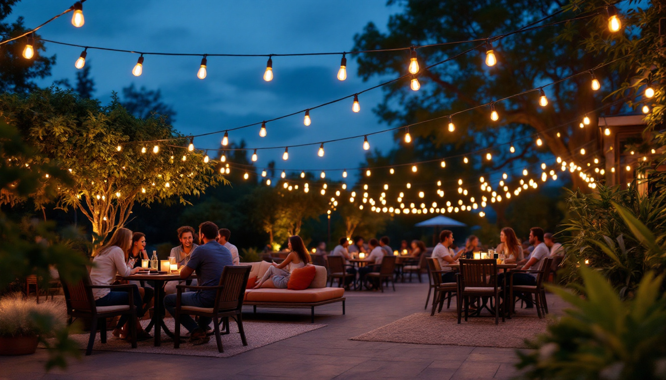A photograph of a beautifully arranged outdoor setting illuminated by led edison string lights