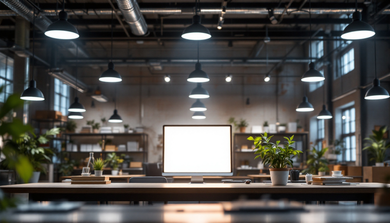 A photograph of a well-lit industrial workspace featuring modern light fixtures in use