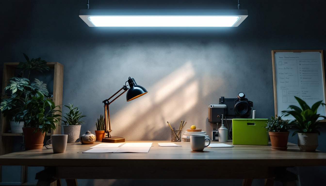 A photograph of a well-lit workspace featuring a 4 ft fluorescent light fixture installed overhead