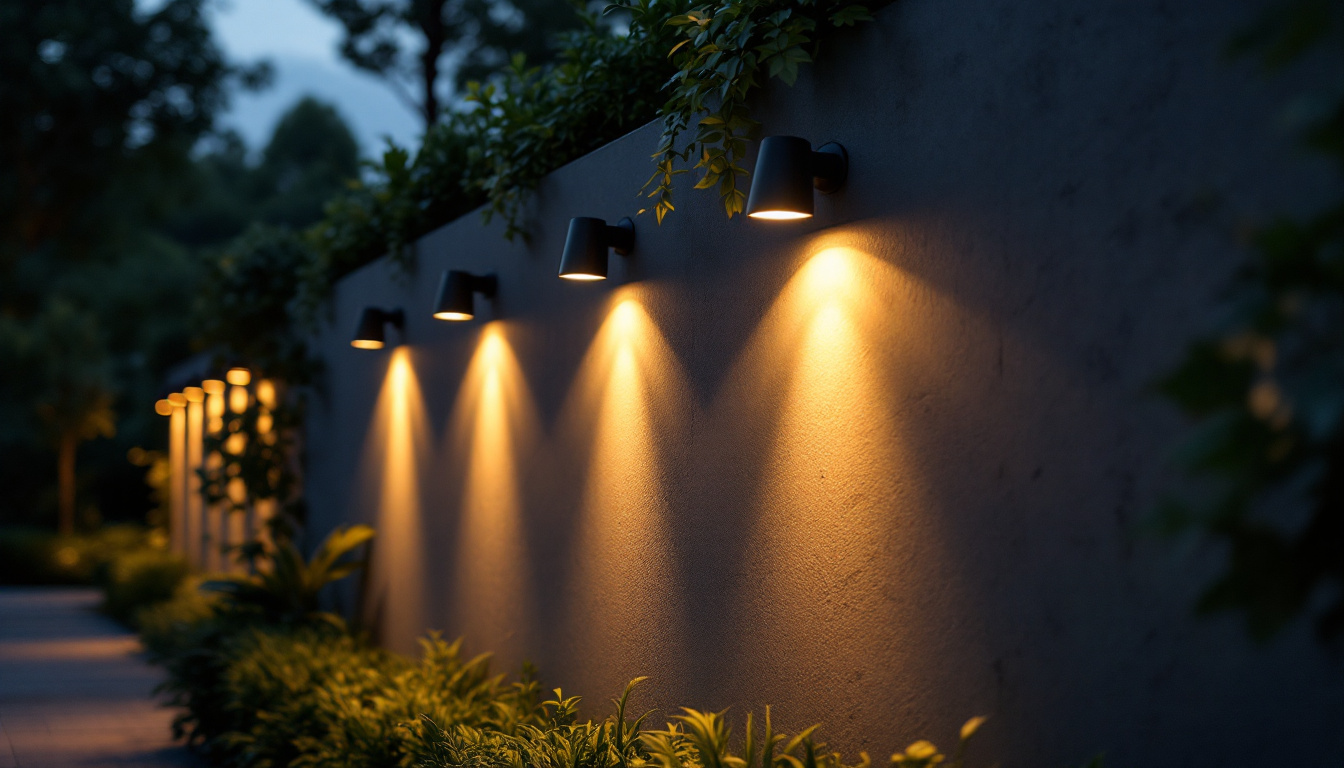 A photograph of a well-lit exterior wall featuring stylish outdoor lights
