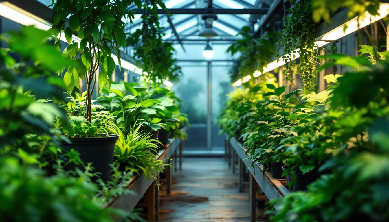 A photograph of a vibrant indoor greenhouse scene showcasing various plants illuminated by bright
