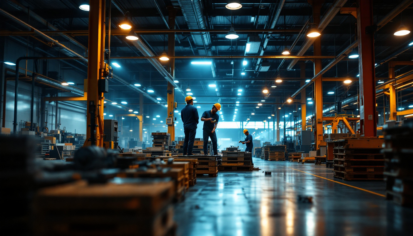 A photograph of a dynamic industrial workspace showcasing innovative lighting solutions and track systems in action