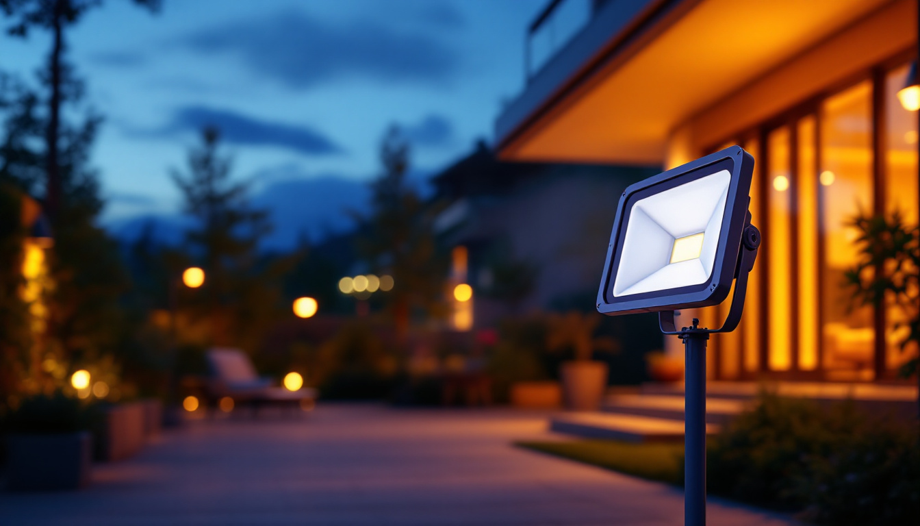 A photograph of a modern flood lamp illuminating a vibrant outdoor space at dusk