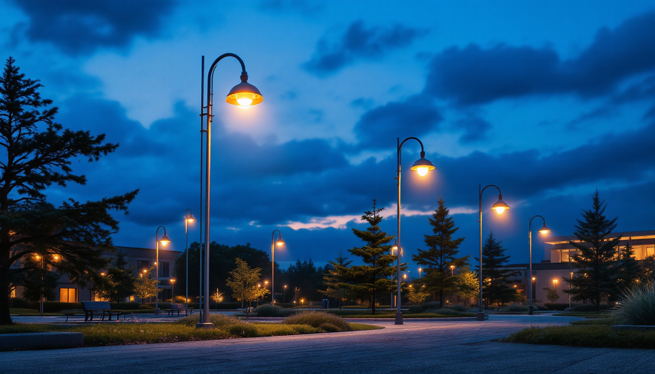A photograph of a beautifully illuminated outdoor space featuring various stylish lamp poles in use