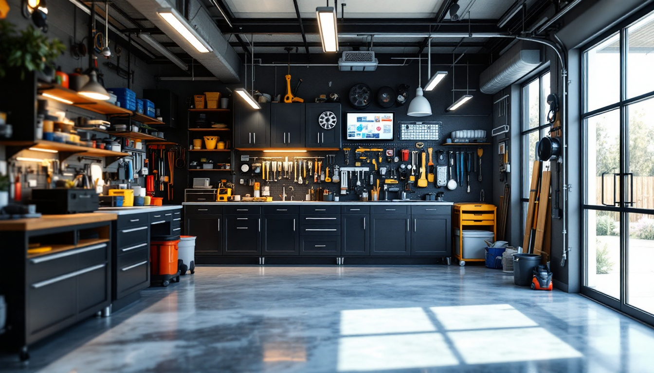 A photograph of a well-organized garage showcasing various led lighting options