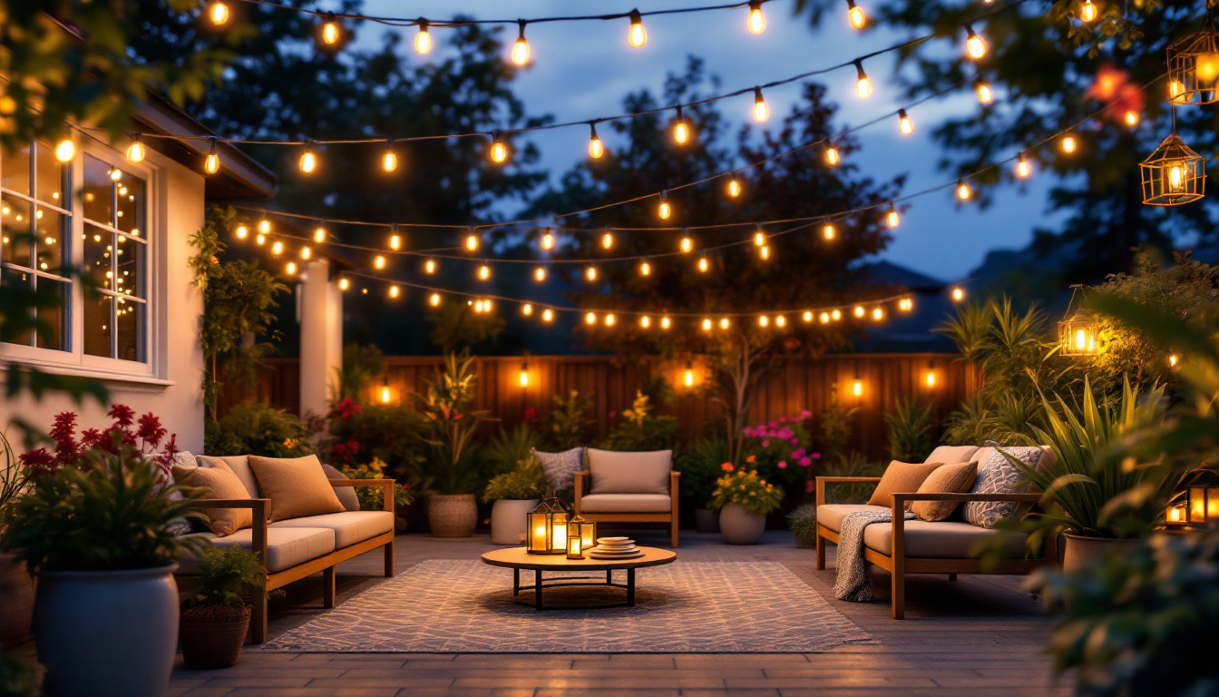 A photograph of a beautifully illuminated patio at dusk