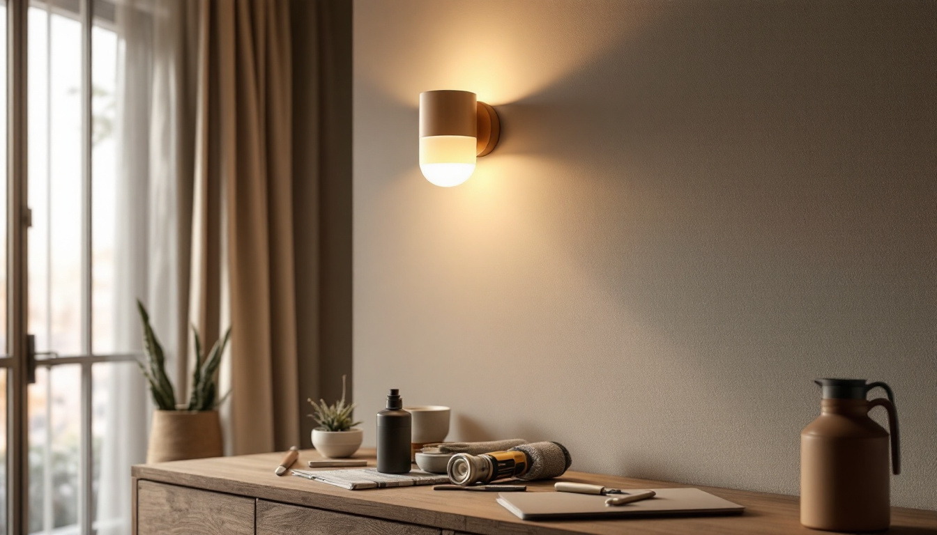 A photograph of a beautifully styled wall light sconce in a cozy interior setting