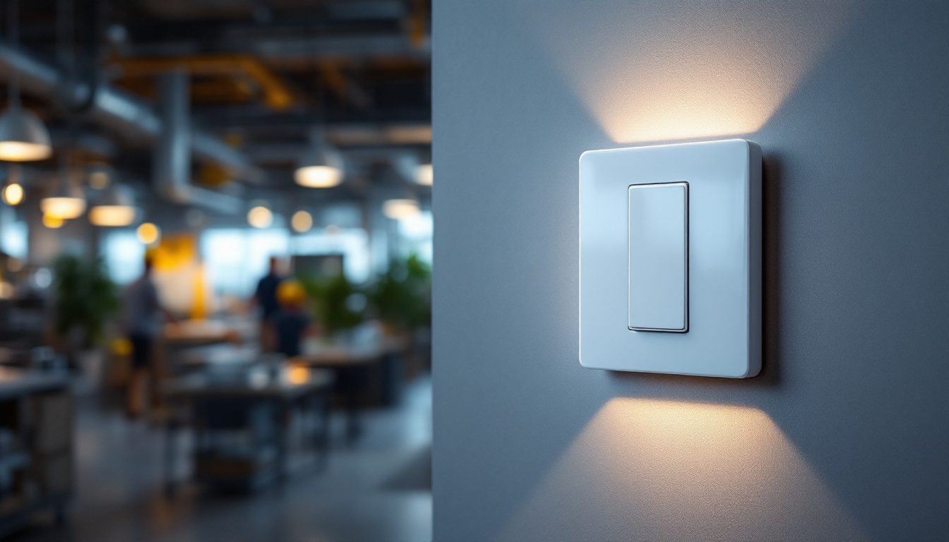 A photograph of a sleek smart switch installed in a modern industrial or commercial setting