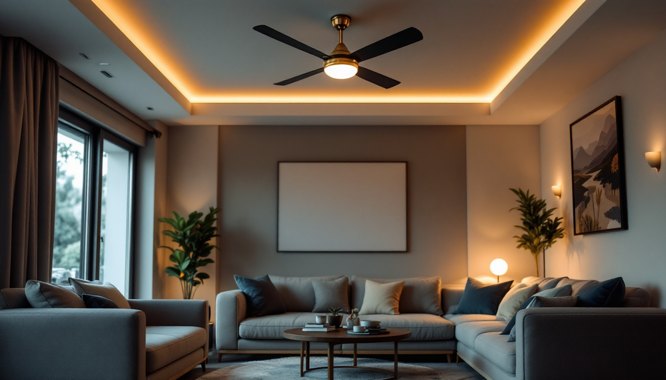 A photograph of a stylish living room featuring a well-designed ceiling fan that complements the decor