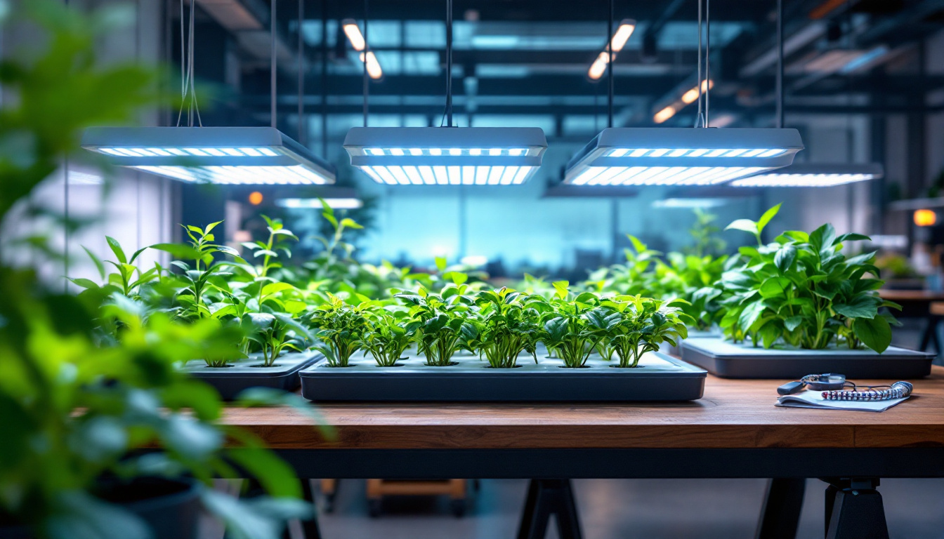 A photograph of a modern industrial workspace featuring led grow lamps in action