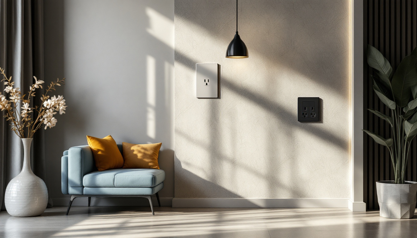 A photograph of a modern living space featuring a variety of stylish electrical outlets seamlessly integrated into the design