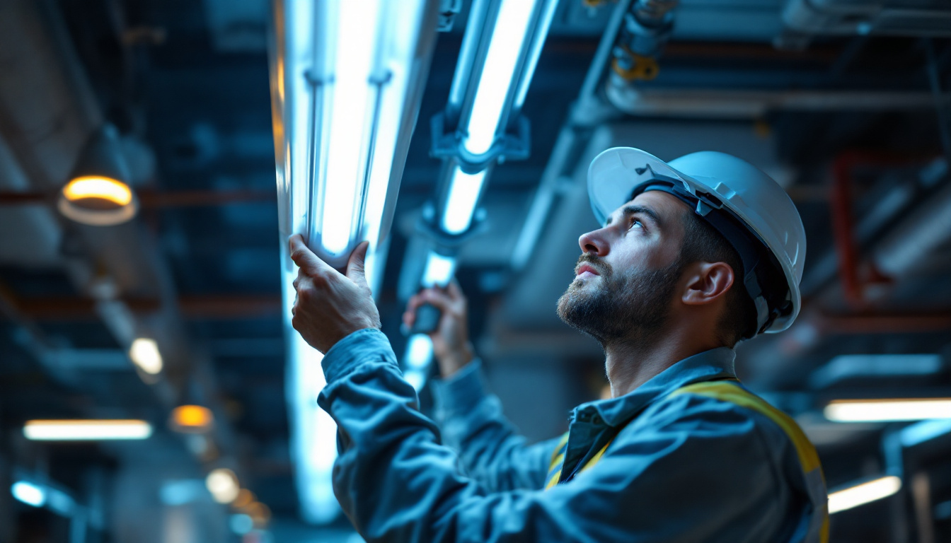 A photograph of a technician installing or inspecting a fluorescent ballast in a well-lit commercial or industrial setting