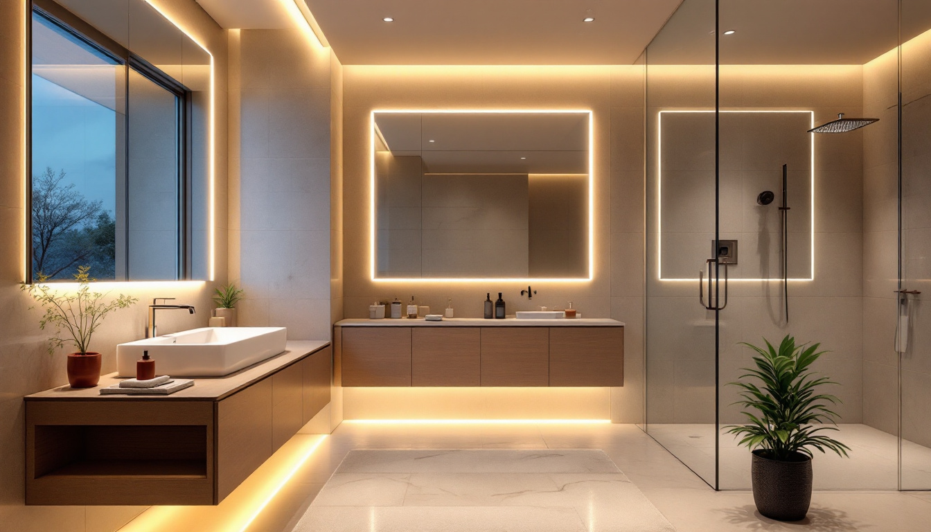 A photograph of a beautifully designed bathroom featuring strategically placed led lighting that highlights key areas such as the vanity