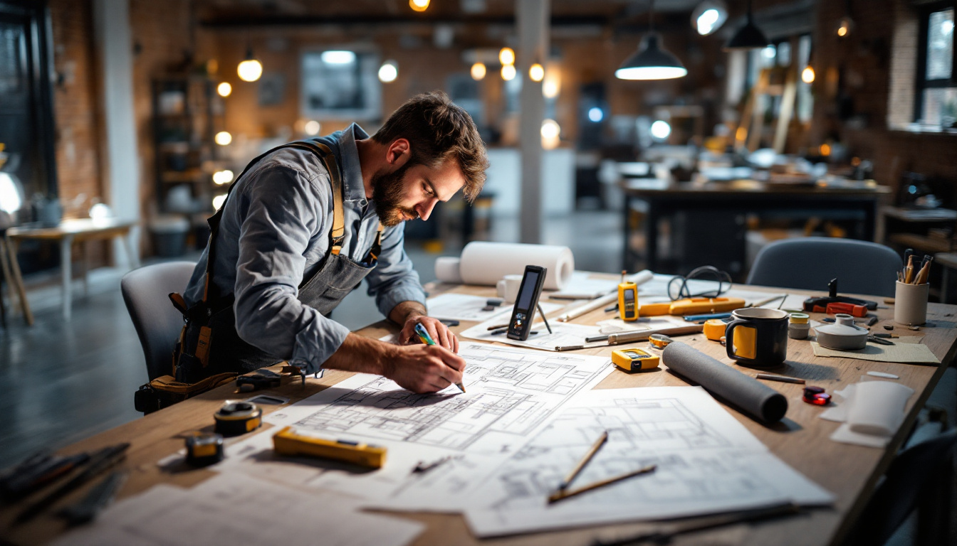 A photograph of a skilled electrician using various tools to design a detailed lighting plan