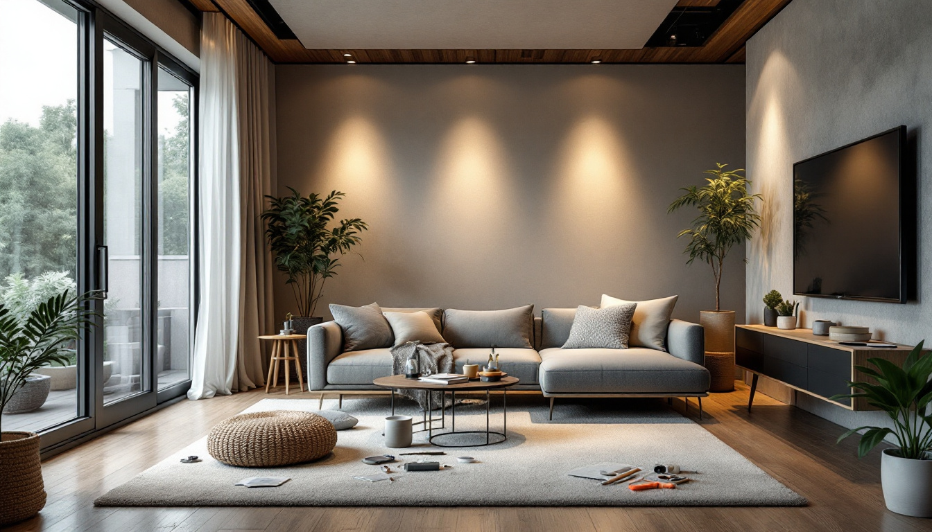 A photograph of a well-lit modern living space featuring stylish recessed lighting installations