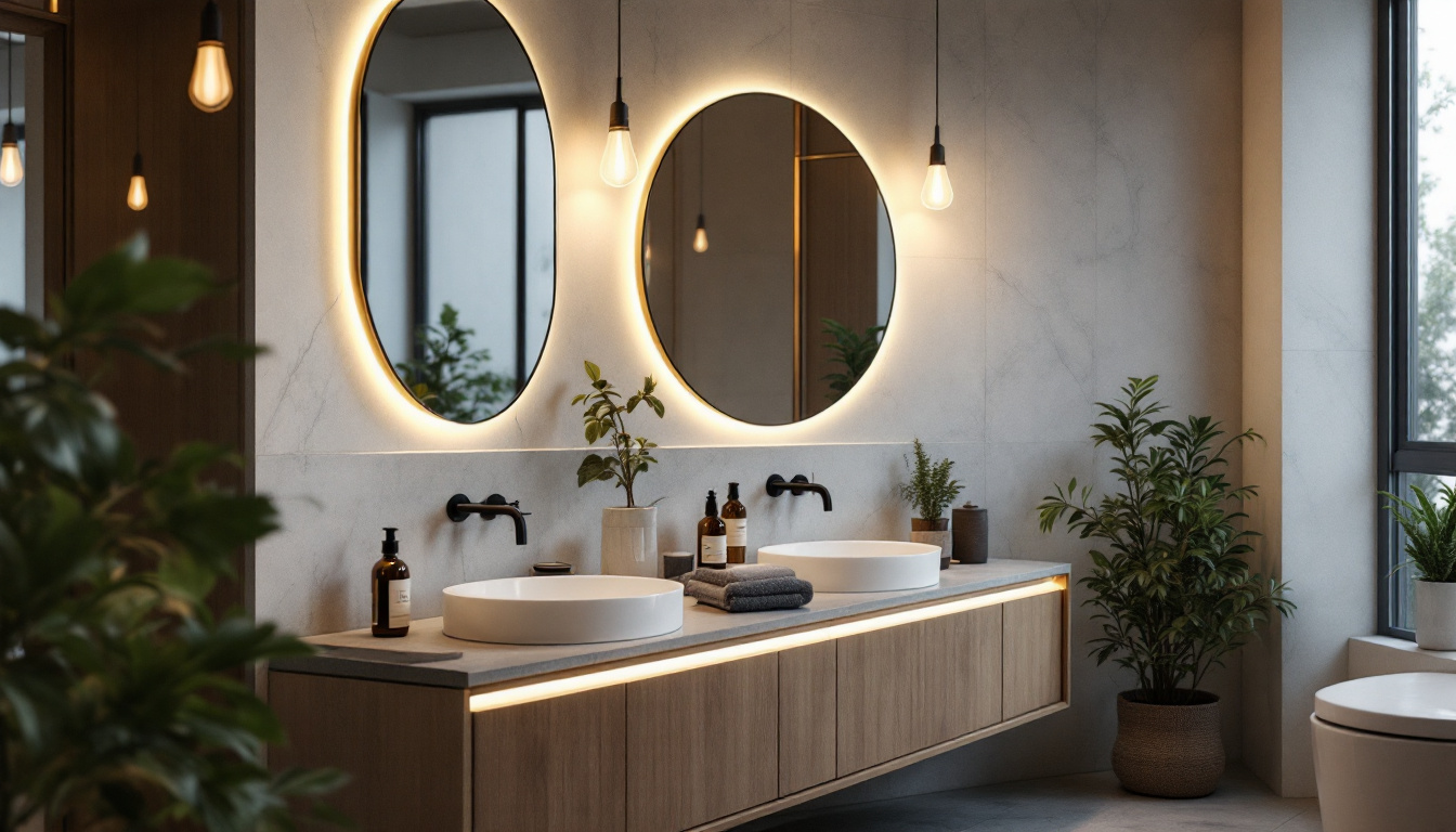 A photograph of a beautifully designed bathroom featuring stylish vanity lighting that emphasizes eco-friendly materials and energy-efficient bulbs