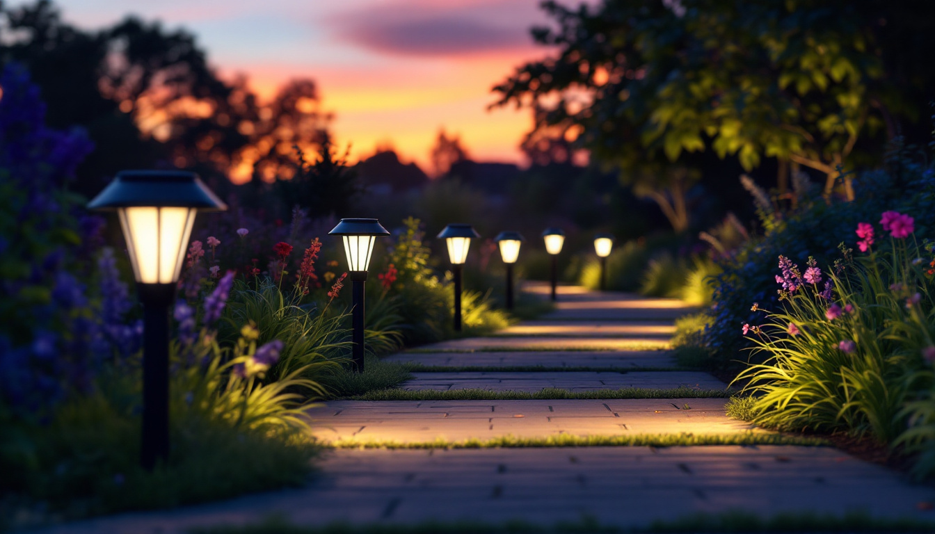 A photograph of a beautifully illuminated outdoor pathway at dusk