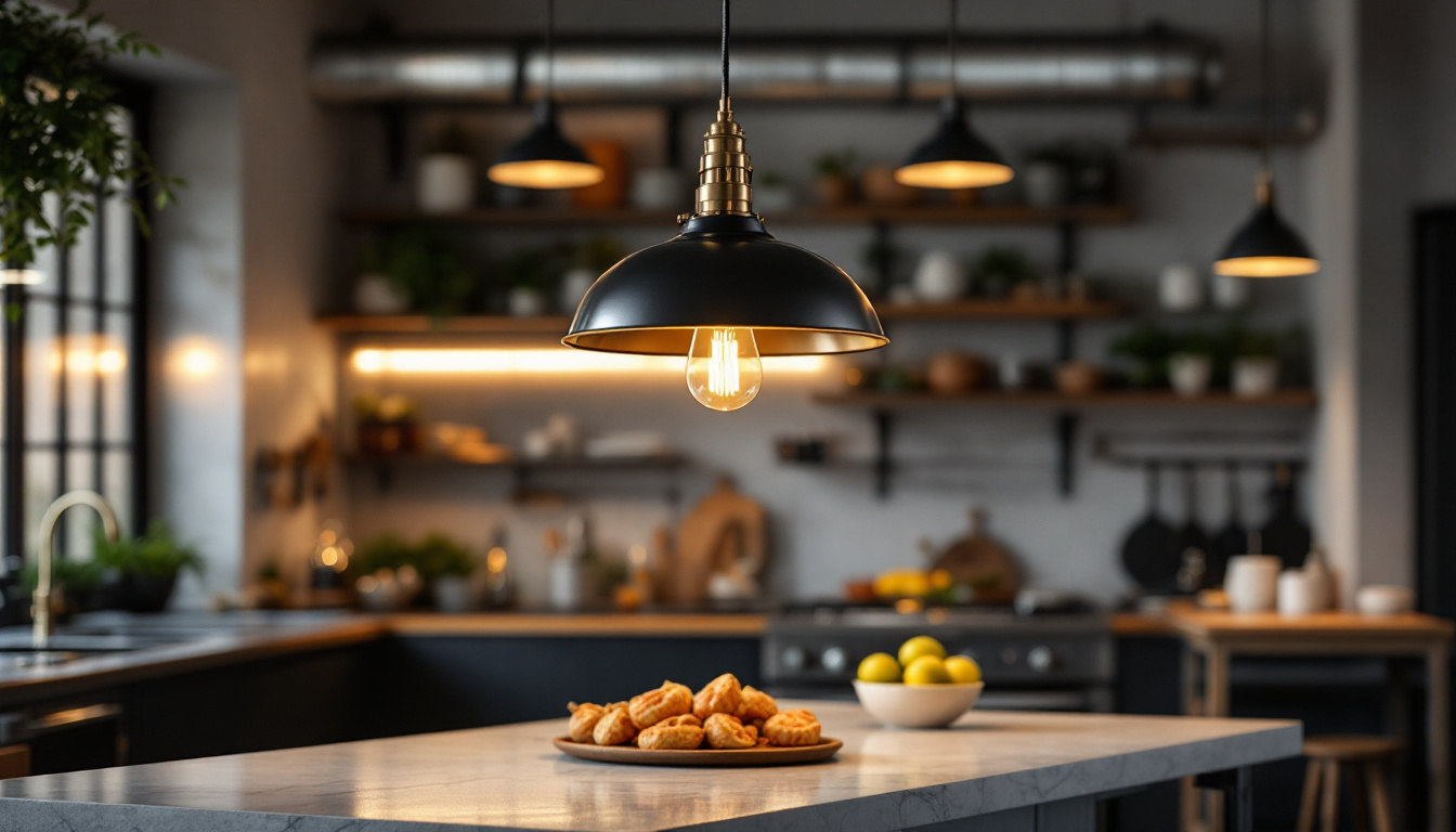 A photograph of a stylish pendant kitchen light installed in a modern industrial kitchen or commercial dining space