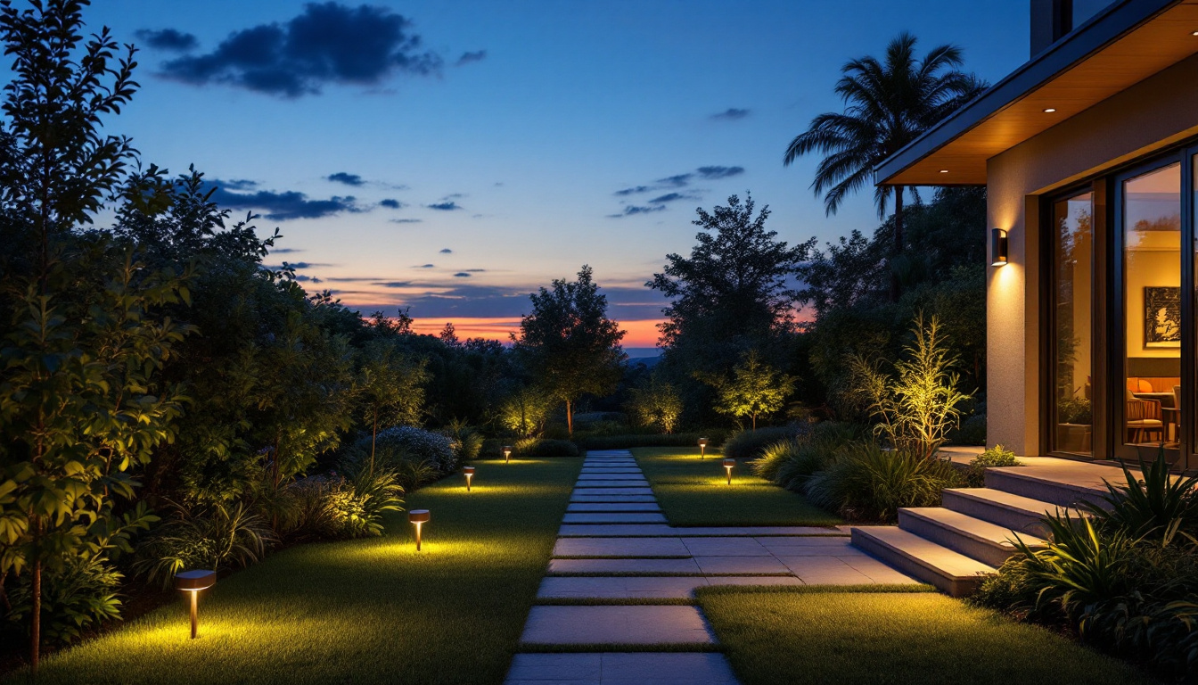 A photograph of a beautifully designed outdoor space illuminated by both solar-powered lights and ambient lighting