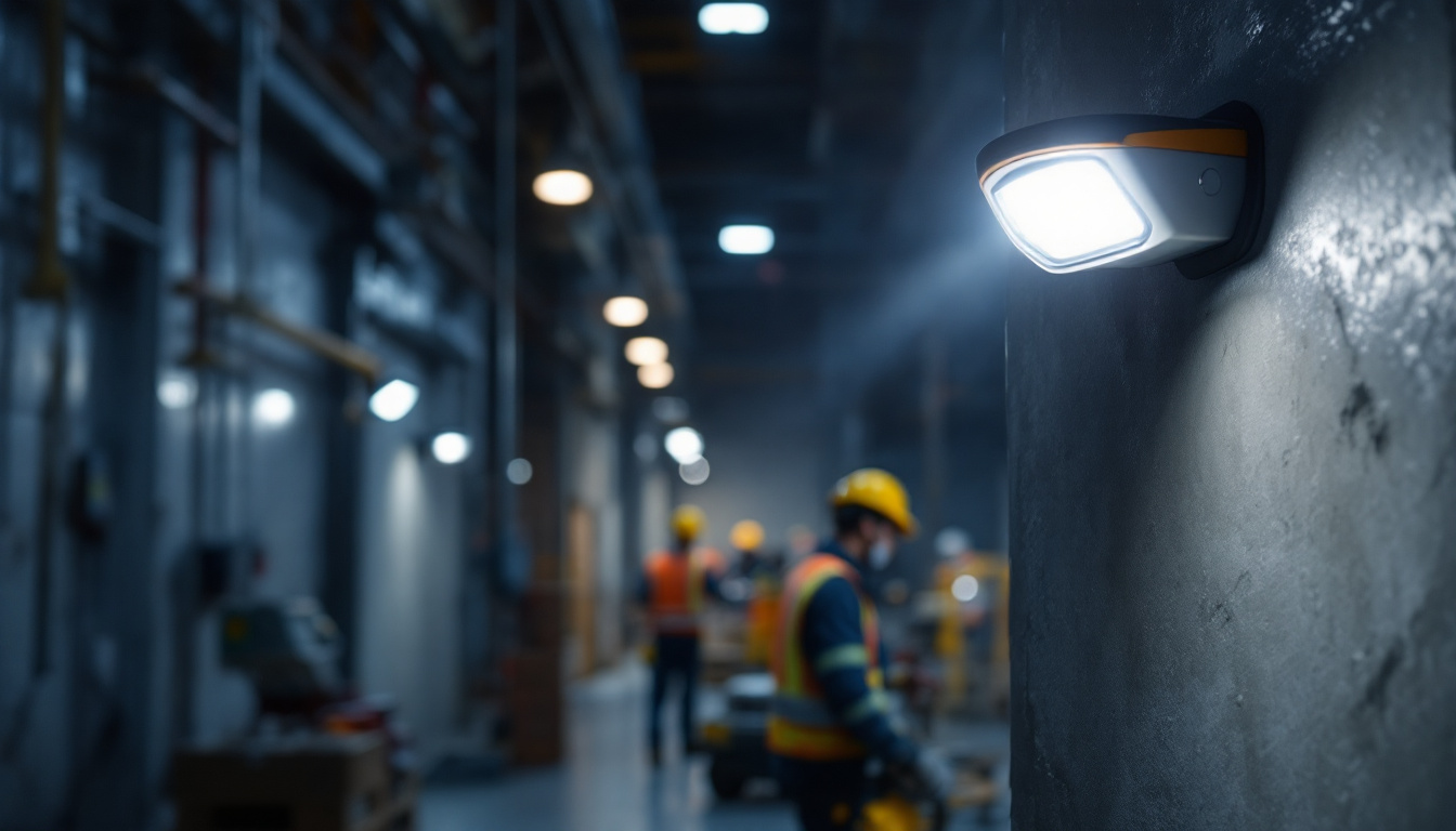 A photograph of a well-lit industrial or commercial space showcasing outdoor motion detector lights in action