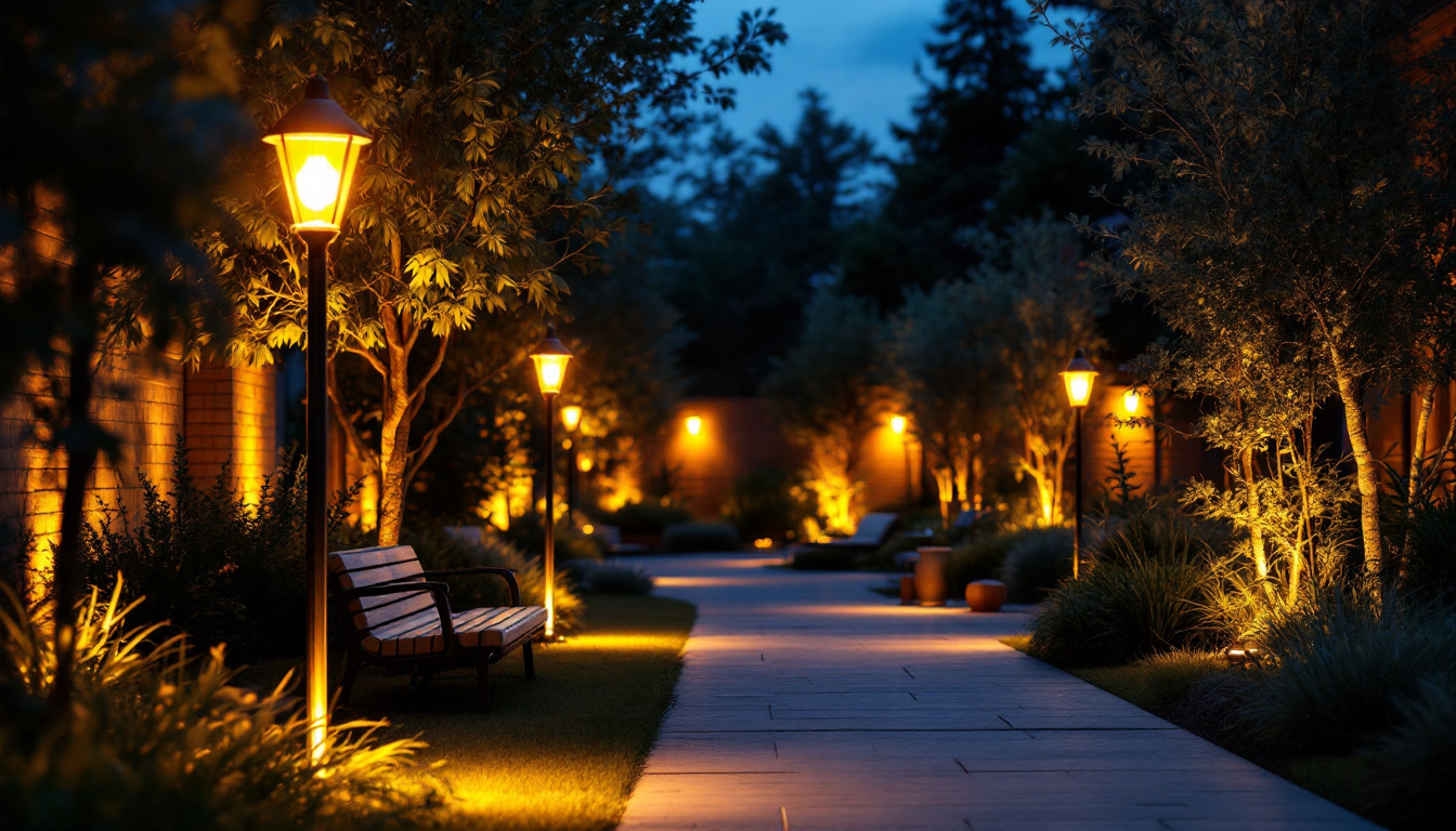 A photograph of a well-designed outdoor space illuminated by sodium vapor light bulbs