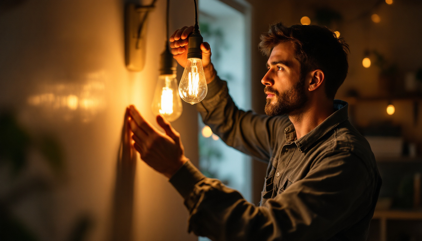 A photograph of a technician skillfully installing a flickering light fixture in a cozy