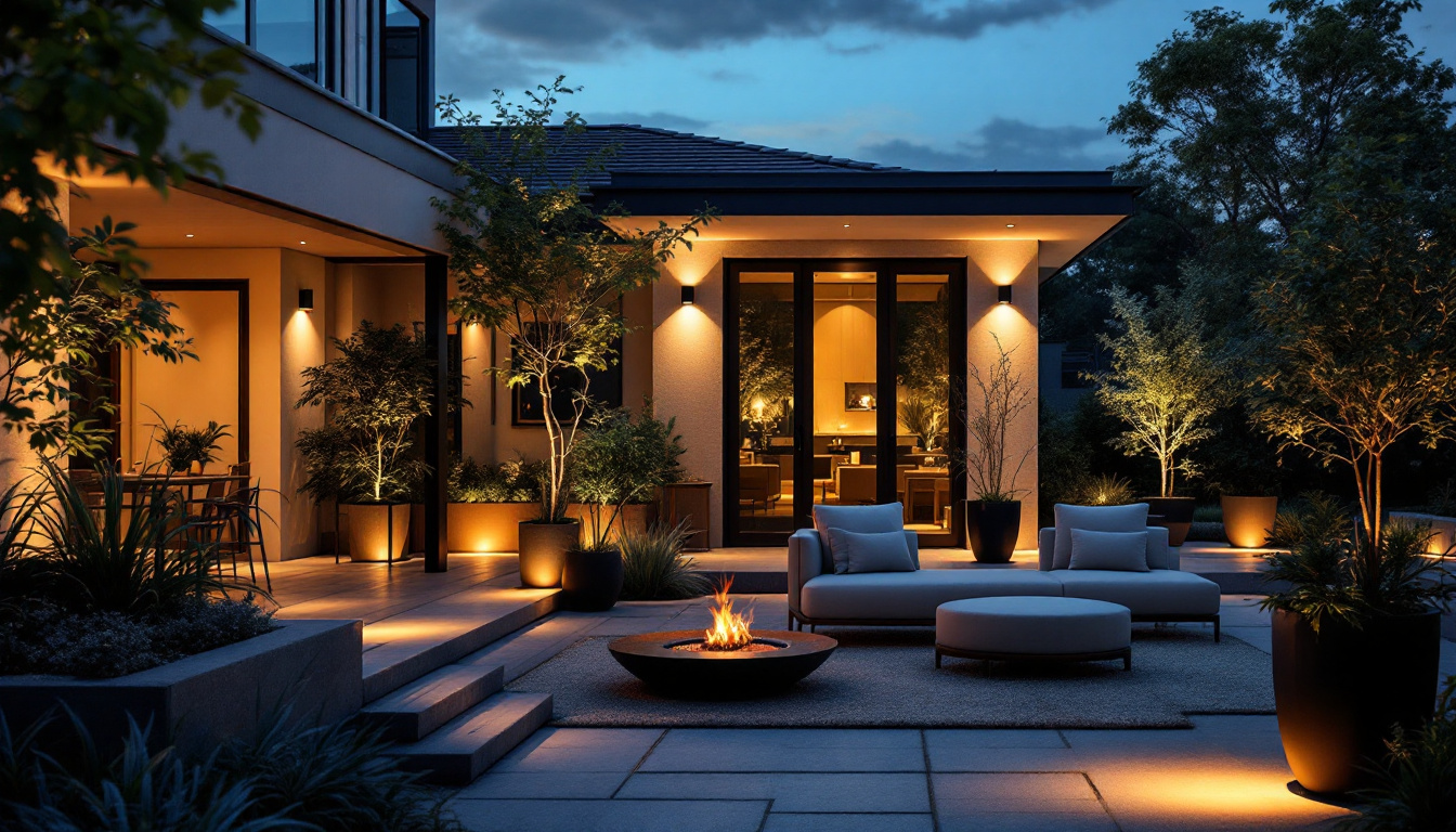 A photograph of a beautifully illuminated outdoor space featuring various lighting solutions from a reputable company