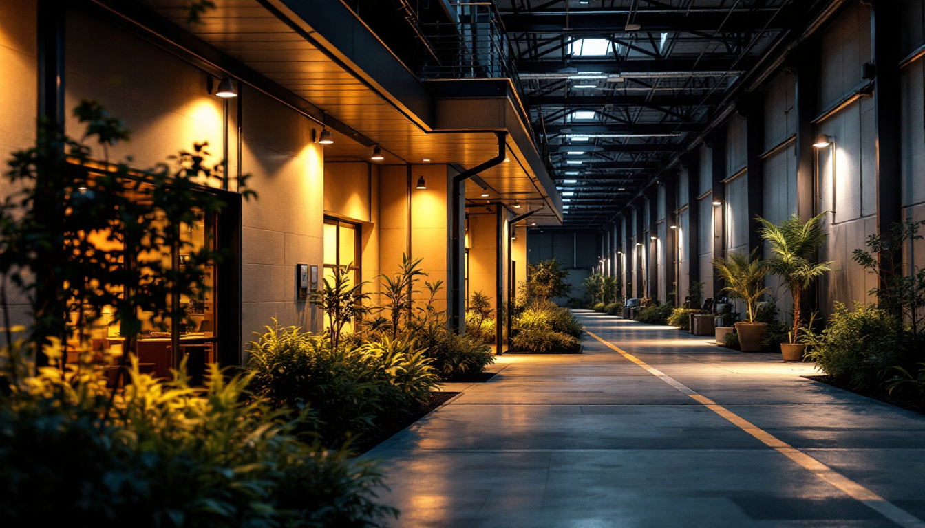 A photograph of a well-lit industrial or commercial space showcasing creative yard lighting designs