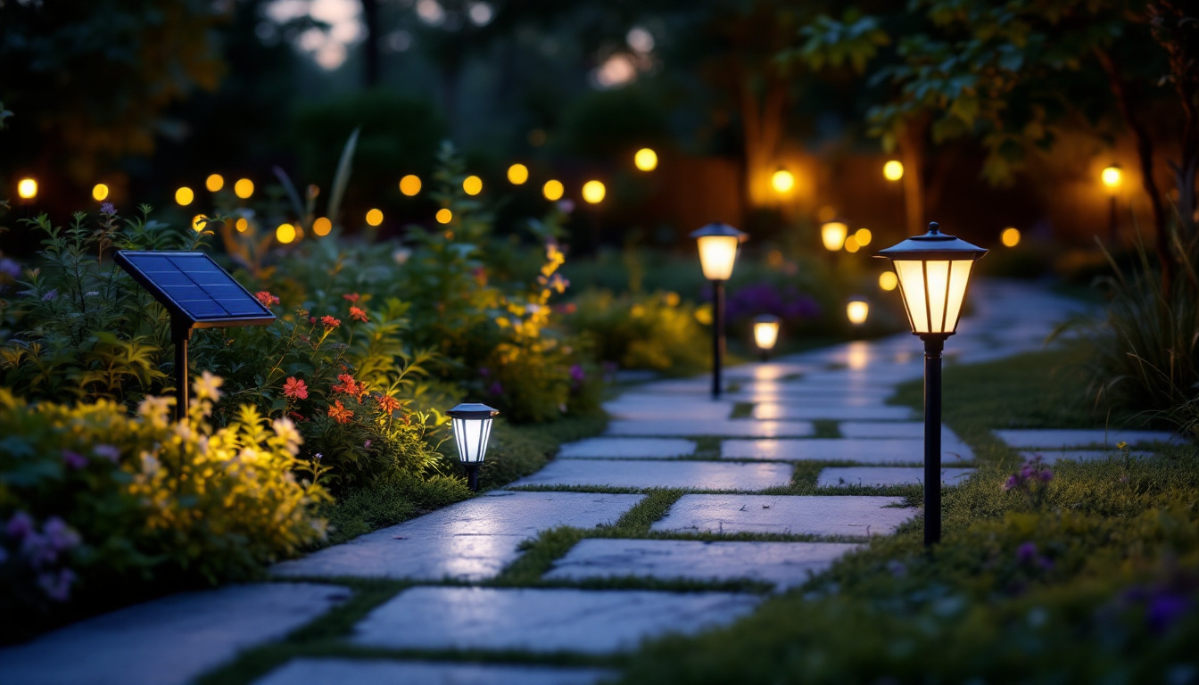 A photograph of a beautifully illuminated outdoor space featuring various styles of solar lights in a natural setting