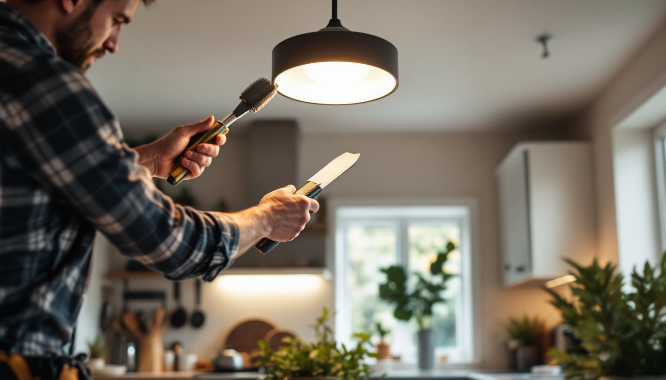 A photograph of a well-lit kitchen showcasing a stylish ceiling light fixture being installed