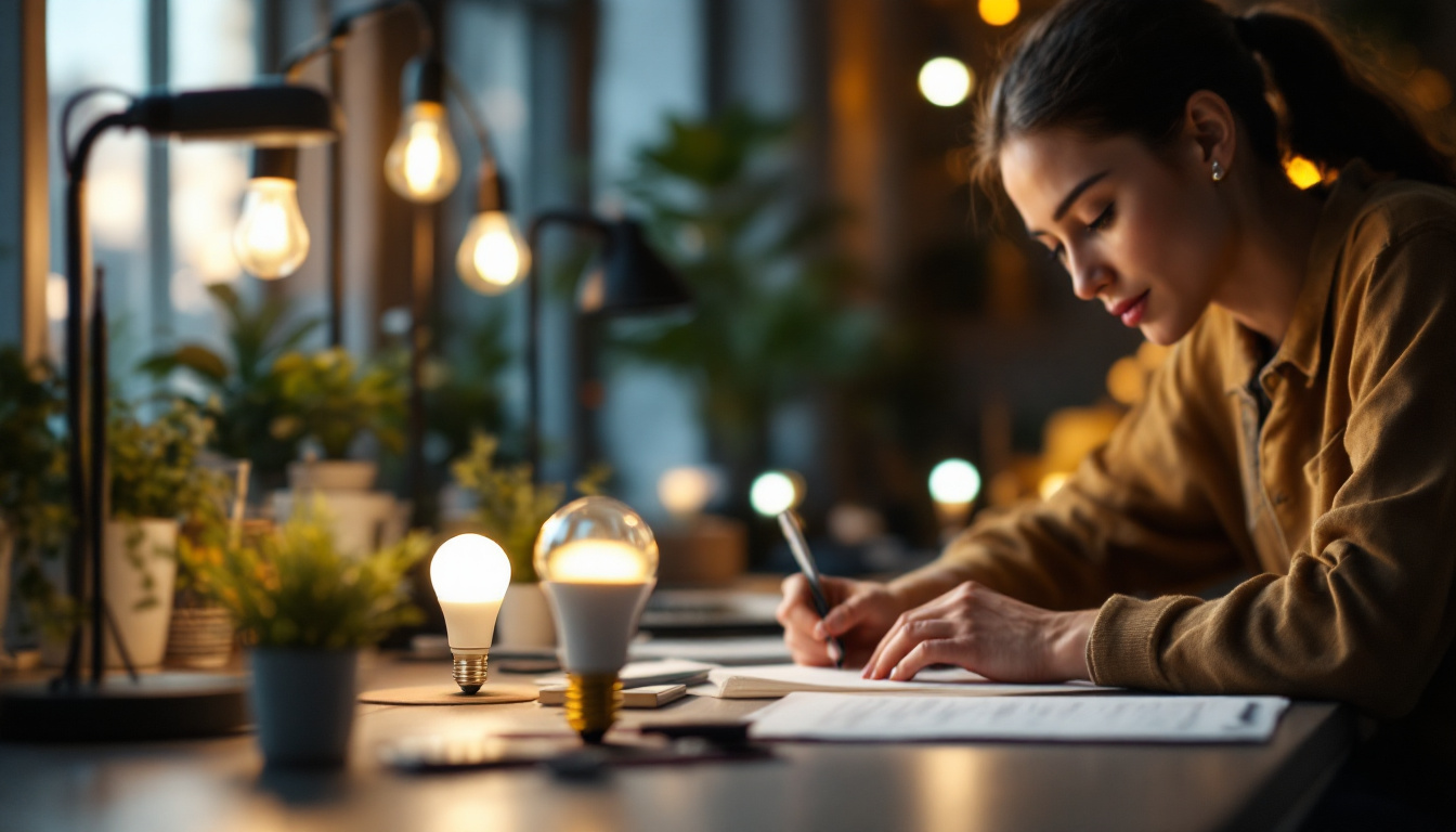 A photograph of a well-lit workspace featuring various energy-efficient lamp bulbs in use