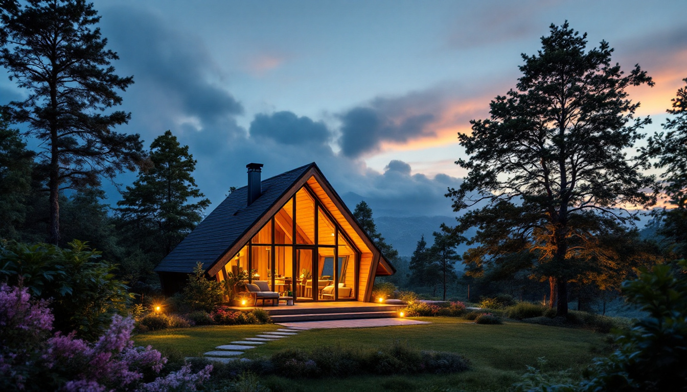 A photograph of a beautifully designed cabin illuminated by warm