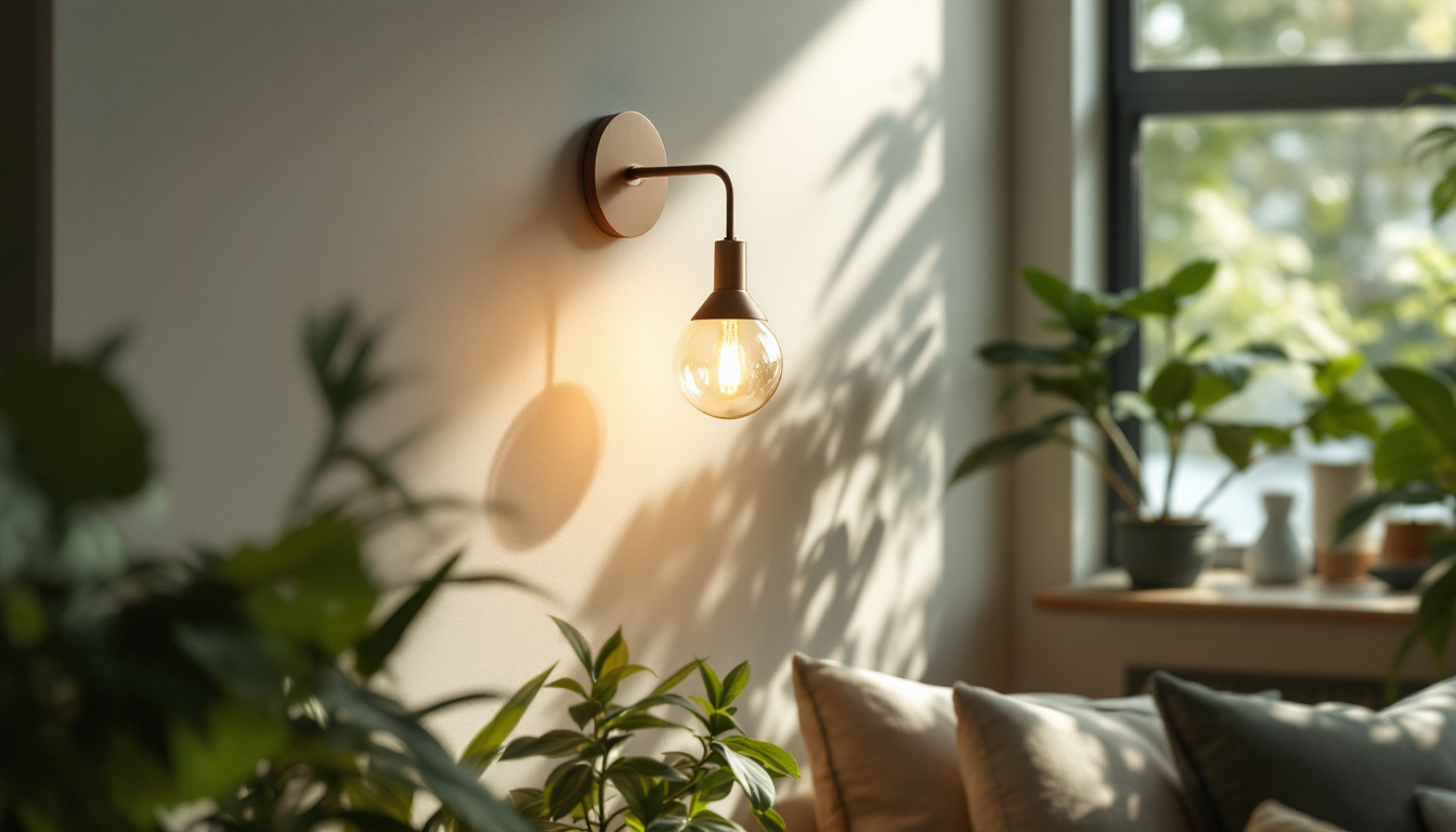 A photograph of a stylish lamp sconce made from sustainable materials
